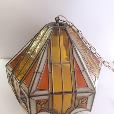 Electric stained plastic shade hanging lamp with hardwire cord and chain
