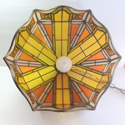 Electric stained plastic shade hanging lamp with hardwire cord and chain