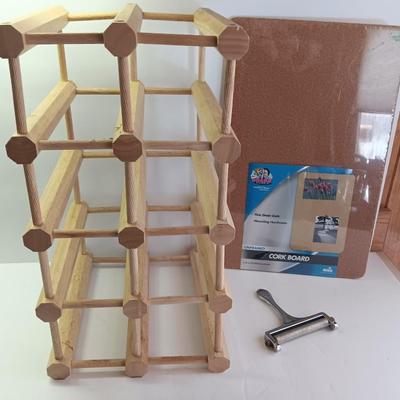 WINE & CHEESE Bamboo wooden wine rack with cheese slicer and a new unframed cork board for the menu