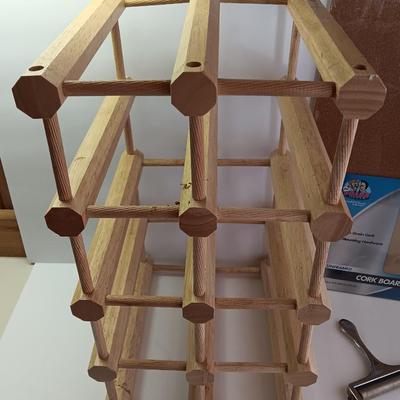 WINE & CHEESE Bamboo wooden wine rack with cheese slicer and a new unframed cork board for the menu
