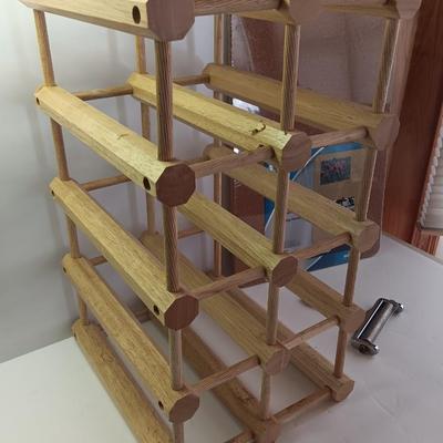 WINE & CHEESE Bamboo wooden wine rack with cheese slicer and a new unframed cork board for the menu
