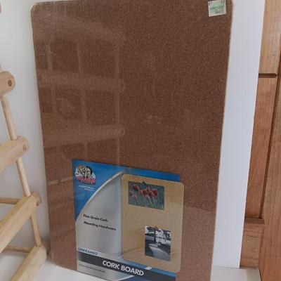 WINE & CHEESE Bamboo wooden wine rack with cheese slicer and a new unframed cork board for the menu