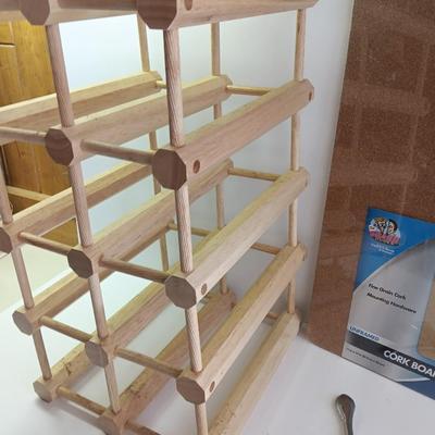 WINE & CHEESE Bamboo wooden wine rack with cheese slicer and a new unframed cork board for the menu