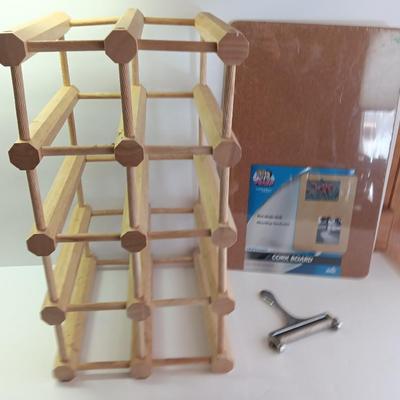 WINE & CHEESE Bamboo wooden wine rack with cheese slicer and a new unframed cork board for the menu