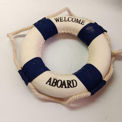 Nautical home decor - Anchor with hooks, rope and a Welcome Aboard life ring