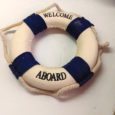 Nautical home decor - Anchor with hooks, rope and a Welcome Aboard life ring