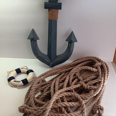 Nautical home decor - Anchor with hooks, rope and a Welcome Aboard life ring