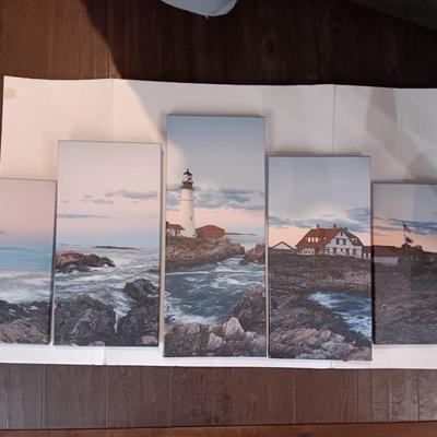 5 panel canvas wall art lighthouse beach ocean nautical scene
