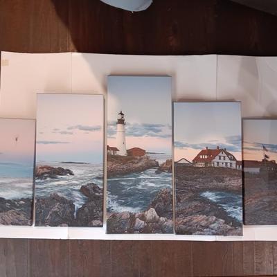 5 panel canvas wall art lighthouse beach ocean nautical scene