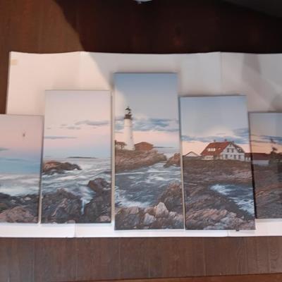 5 panel canvas wall art lighthouse beach ocean nautical scene