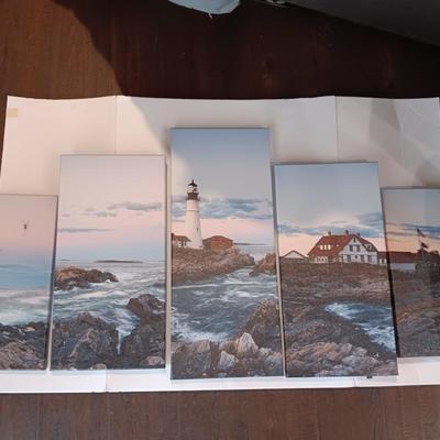 5 panel canvas wall art lighthouse beach ocean nautical scene