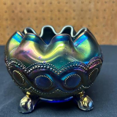 Antique Northwood Blue Beaded Cable Carnival Glass Rose Bowl