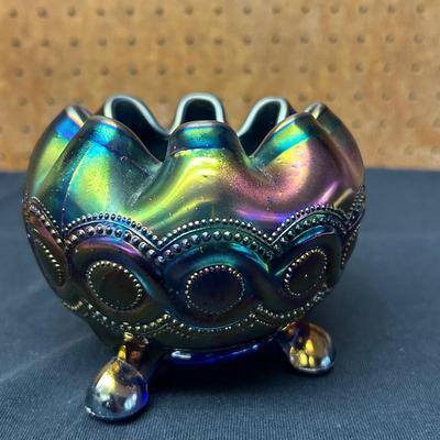 Antique Northwood Blue Beaded Cable Carnival Glass Rose Bowl
