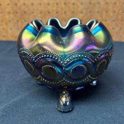 Antique Northwood Blue Beaded Cable Carnival Glass Rose Bowl