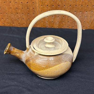 Studio Art Pottery Bamboo Handle Marked Ceramic teapot , signed * 70