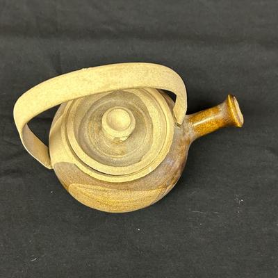 Studio Art Pottery Bamboo Handle Marked Ceramic teapot , signed * 70