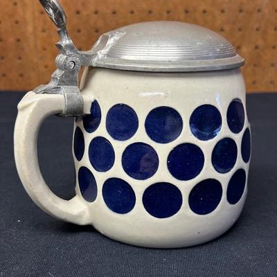 Zinn German Beer Stein with Pewter Lid and Dark Blue Polka Dots