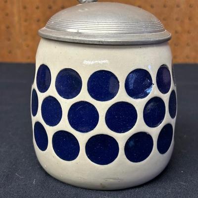 Zinn German Beer Stein with Pewter Lid and Dark Blue Polka Dots