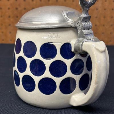 Zinn German Beer Stein with Pewter Lid and Dark Blue Polka Dots