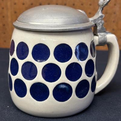 Zinn German Beer Stein with Pewter Lid and Dark Blue Polka Dots