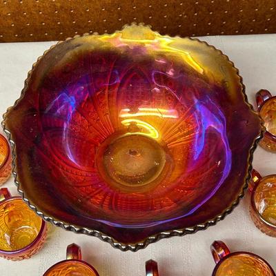 VINTAGE INDIANA GLASS PUNCH BOWL and 7 CUPS ~ RED SUNSET COLOR