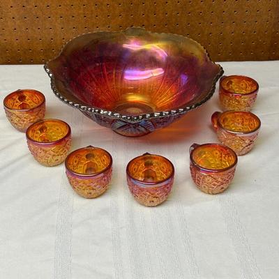 VINTAGE INDIANA GLASS PUNCH BOWL and 7 CUPS ~ RED SUNSET COLOR