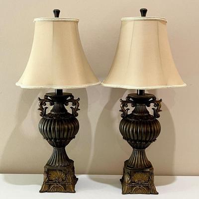 Pair (2) ~ Bronze Ornate Table Lamps ~ With Scalloped Lampshades