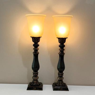 Pair (2) ~ 27â€ Bronze Upright Table Lamps ~ With Glass Shades