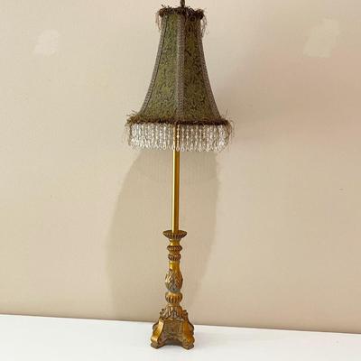 38â€ Tall Gold Distressed Table Lamp ~ With Beaded Lampshade