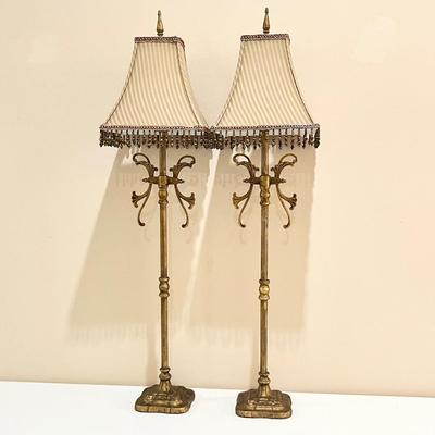 Pair (2) ~ 36â€ Tall Gold Table Lamps ~ With Beaded Lampshades