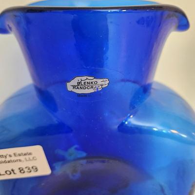 Blenko Cobalt Blue Double Pour Carafe Pitcher