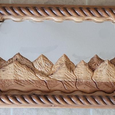 Handmade Wood Mountain Scene Mirror with Frosted Glass Clouds & Bird