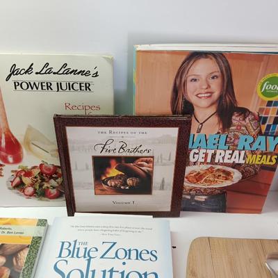 Cookbooks with NorPro Pasta drying rack - cutting board and a variety of knives