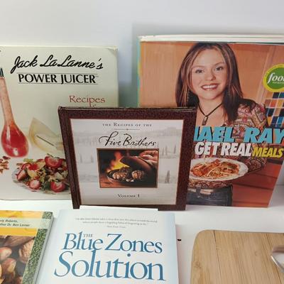 Cookbooks with NorPro Pasta drying rack - cutting board and a variety of knives