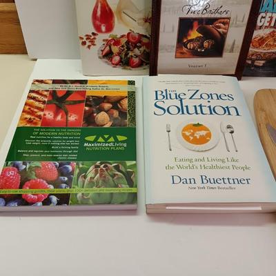 Cookbooks with NorPro Pasta drying rack - cutting board and a variety of knives