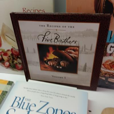 Cookbooks with NorPro Pasta drying rack - cutting board and a variety of knives