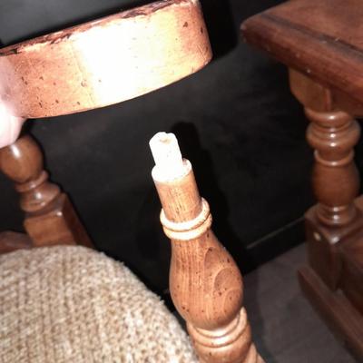 Wooden end table with a drawer, and a fabric seated arm chair