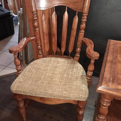 Wooden end table with a drawer, and a fabric seated arm chair