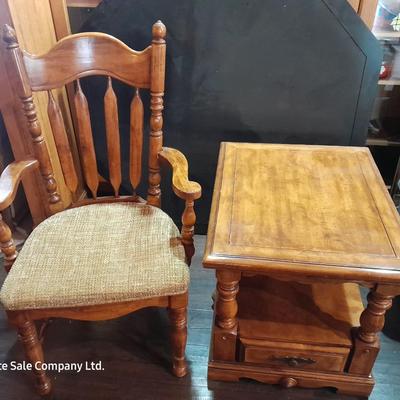 Wooden end table with a drawer, and a fabric seated arm chair