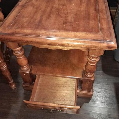 Wooden end table with a drawer, and a fabric seated arm chair