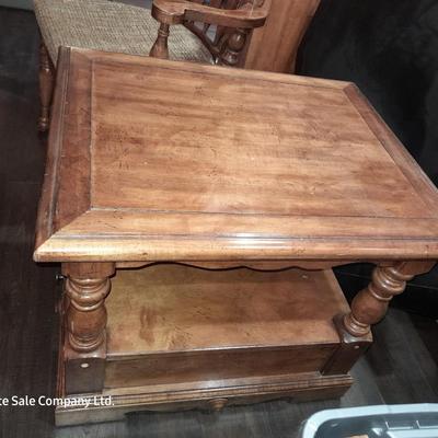 Wooden end table with a drawer, and a fabric seated arm chair