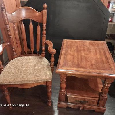 Wooden end table with a drawer, and a fabric seated arm chair