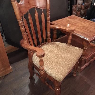 Wooden end table with a drawer, and a fabric seated arm chair