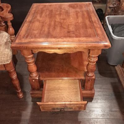 Wooden end table with a drawer, and a fabric seated arm chair