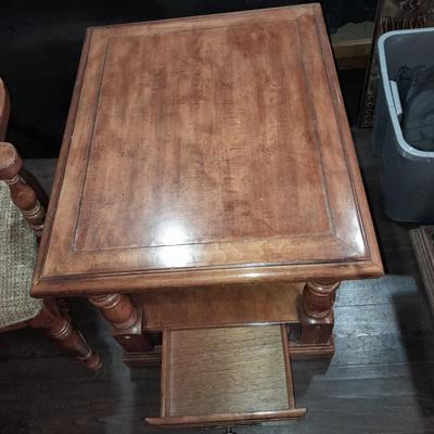Wooden end table with a drawer, and a fabric seated arm chair