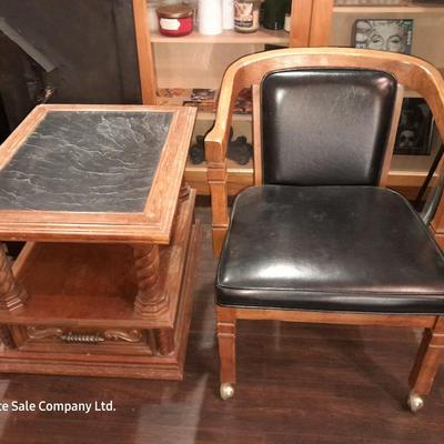 Mersman Wooden end table with drawer and leather like top with Black cushioned armchair