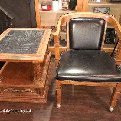 Mersman Wooden end table with drawer and leather like top with Black cushioned armchair