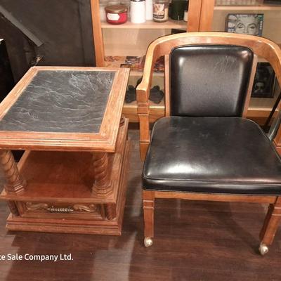 Mersman Wooden end table with drawer and leather like top with Black cushioned armchair