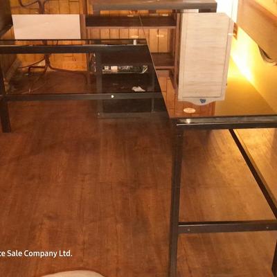 Black glass topped L-Shaped Office / Computer desk with Metal frame