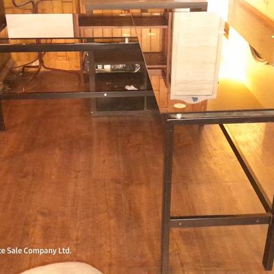 Black glass topped L-Shaped Office / Computer desk with Metal frame